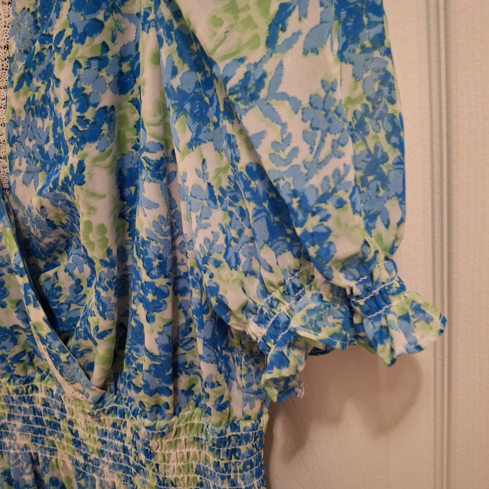 TAYLOR Women's Floral‎ Dress Blue Green Short Sleeve Smocked Waist Tiered Sz 16 - Picture 6 of 12